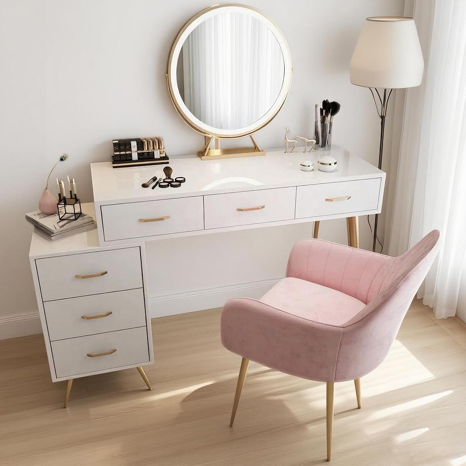 ピンクのドレッサーセット（鏡付き） 鏡付きドレッサーセット 木製